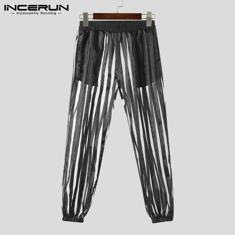 Men Striped Pants Mesh Transparent Elastic Waist Sexy Trousers Streetwear Loose Fashion Casual Pantalon S2XL INCERUN 240812