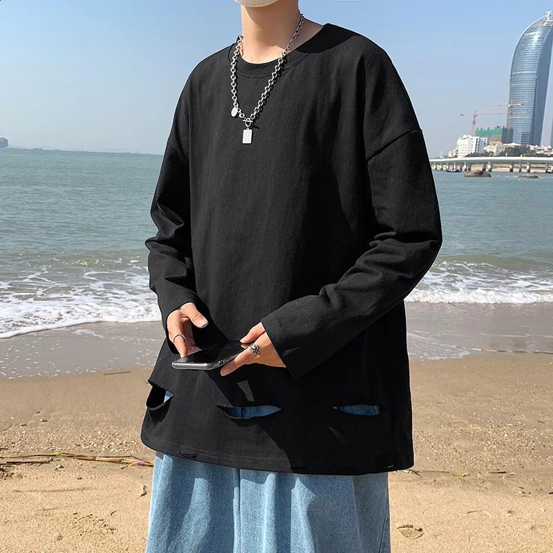 Men Long Sleeve T-shirts Ripped Clothing Summer Fashion High Street Harajuku All-match Handsome Korean Teens Cool Baggy 240812