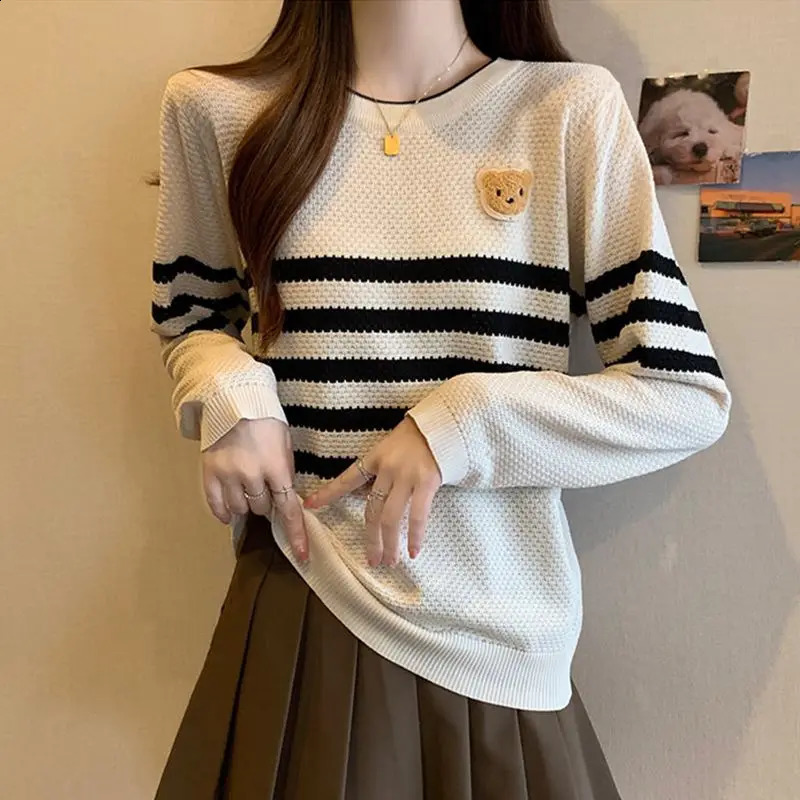 Preppy Style Autumn Womens Sweaters O-Neck Striped Cartoon Screw Thread Fashion Casual Loose Long Sleeve Pullovers Knitted Tops 240812