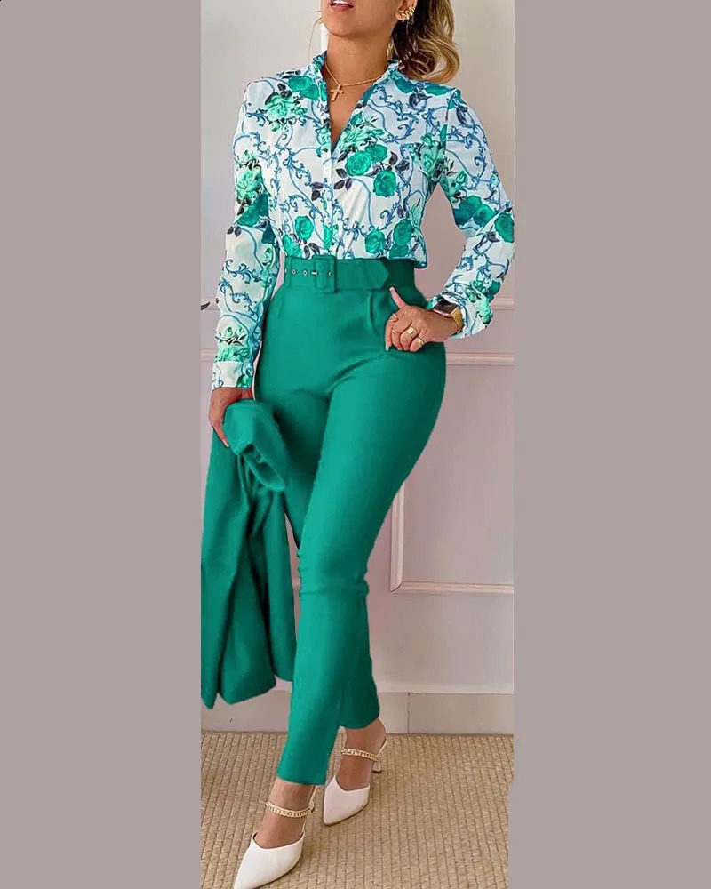 Casual Long Sleeve Shirt Pants Set Office Lady Fashion Elegant V Neck Floral Print Trousers Two Piece Set Women Outfit 240813