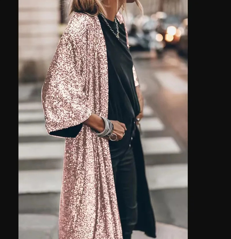 Womens Casual Cardigan Jacket Spring Summer Fashion Party Sequins Female Extended Jacket Daily Work Commuting Style 240813
