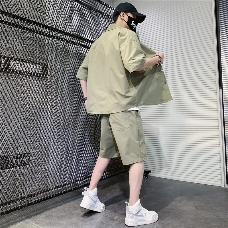 Japanese and Korean style short sleeved five point twopiece fashion summer young mens clothing 240812