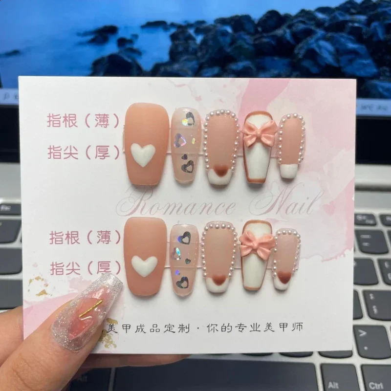 Pink Bow Handmade Wearable False Nails for Set Of Students Can Used Short T Easy Disassembly And Reuse Press On Nails Patch 240810