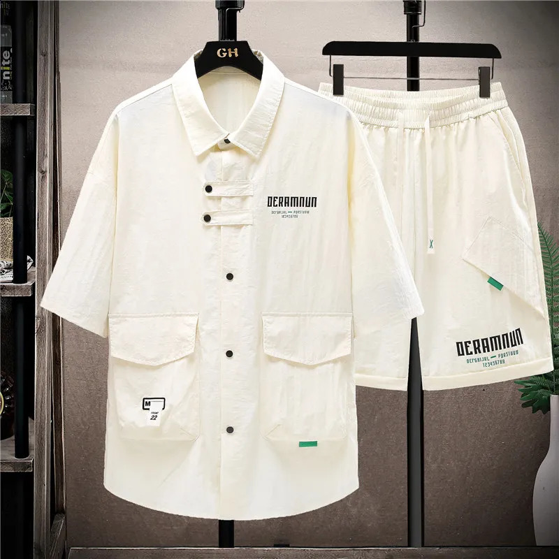 Summer set mens casual single chest short sleeved shirt 2piece loose and fashionable highquality sportswear 240812