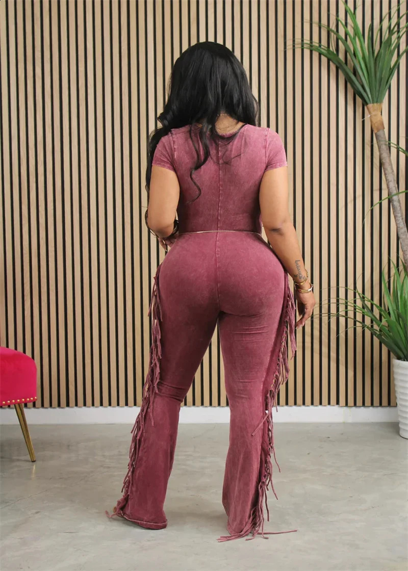 Casual Side Fringe Tassel One Piece Jumpsuit for Women Clothing V-neck Short Sleeve Skinny Flare Pants Rompers and Jumpsuits 240813