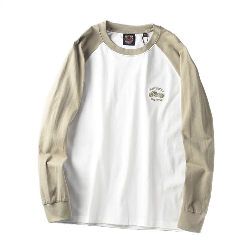 American Retro Long Sleeve O-neck Contrast Splicing Embroidery T-shirt Mens Fashion 100% Cotton Washed Old Casual Sport Tops 240812
