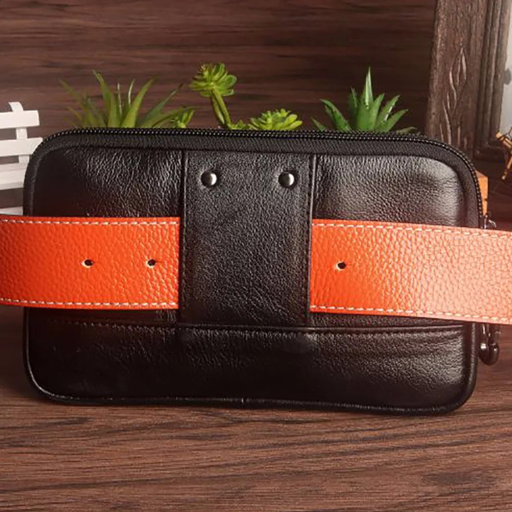 Mens clutch waist bag phone case cover genuine leather mens genuine cowhide hook Hip strap bag wallet Fanny bag 240812