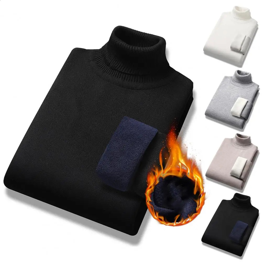 Mens Basic Warm Sweater Winter Casual Pull Turtle Neck Velvet Thick Pure Thin Bottom Style 240812