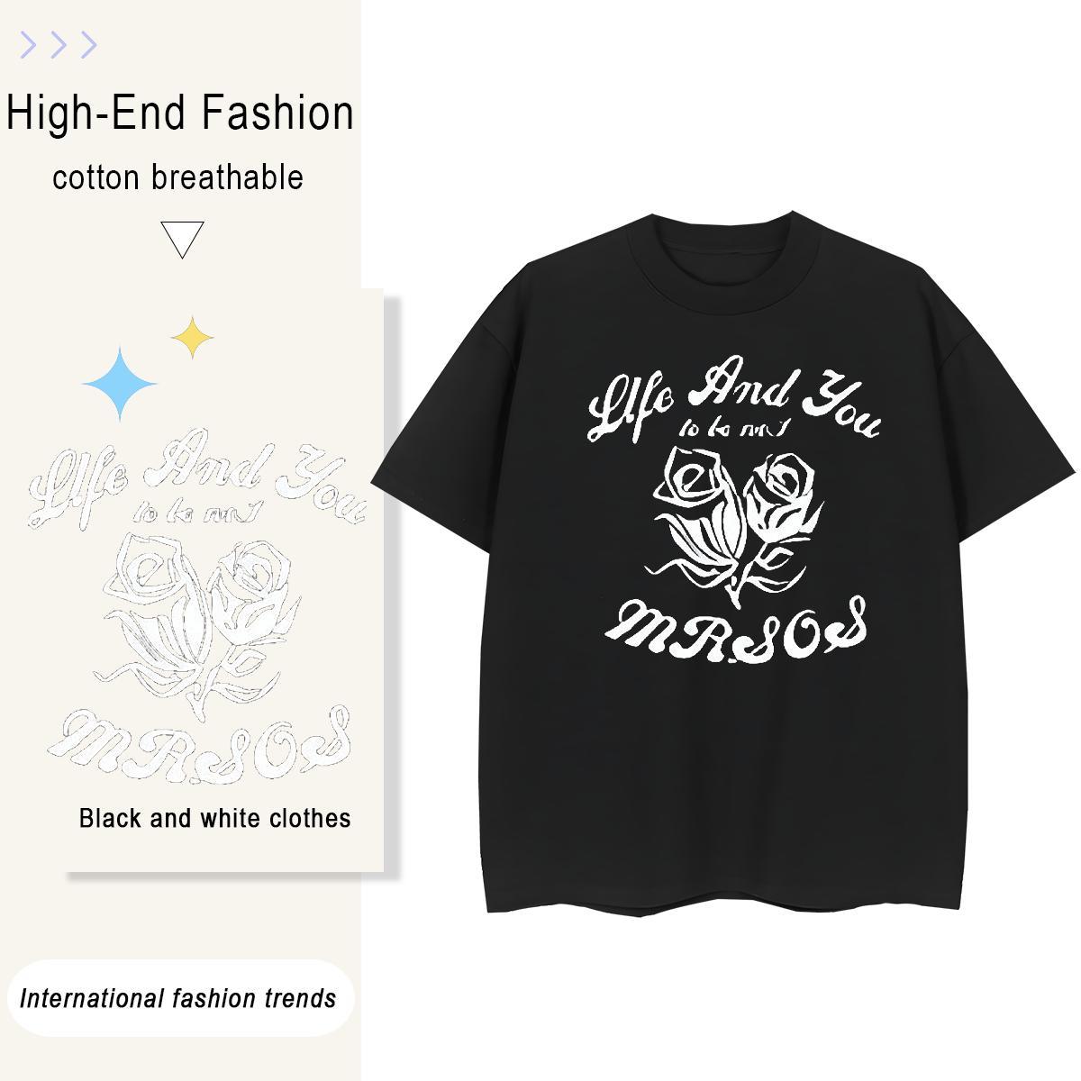 DIY Tshirts flower Street Wear 230g 100% Cotton Tees Short Sleeve Soft Loose Fit T-Shirts for Men Black Oversized