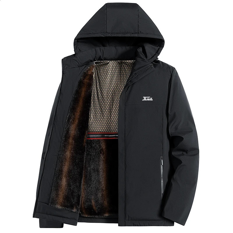 Winter mens plush thick solid color hooded long sleeved jacket fashionable and casual loose casua 240812