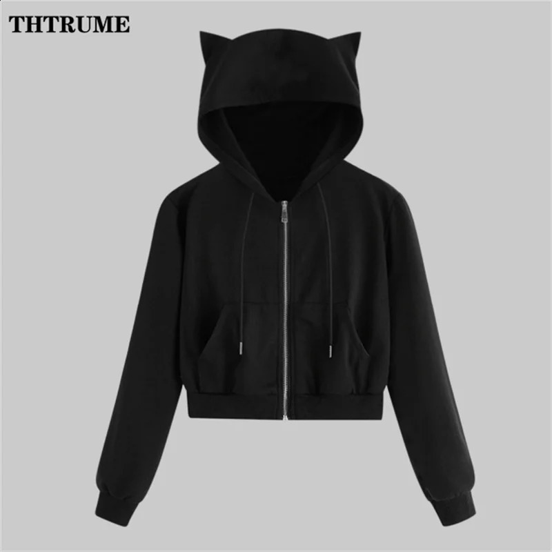 Fashion Harajuku Zipper Cropped Hoodies Elegant Solid Tracksuit Drawstring Chic Hooded Casual Communte Women Cat Sweatshirts 240812
