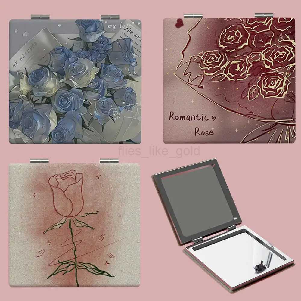 Rose pattern square folding makeup mirror portable double-sided pocket compact makeup mirror handheld magnifying glass makeup tool W240813
