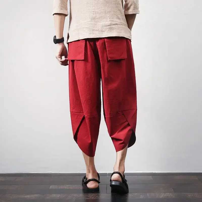 Casual Linen Beach Pants For Men Loose Fit Thai Wide Leg Seven Pants Trendy Chinese Style Cotton Linen 7 Pant HaremXJ240813