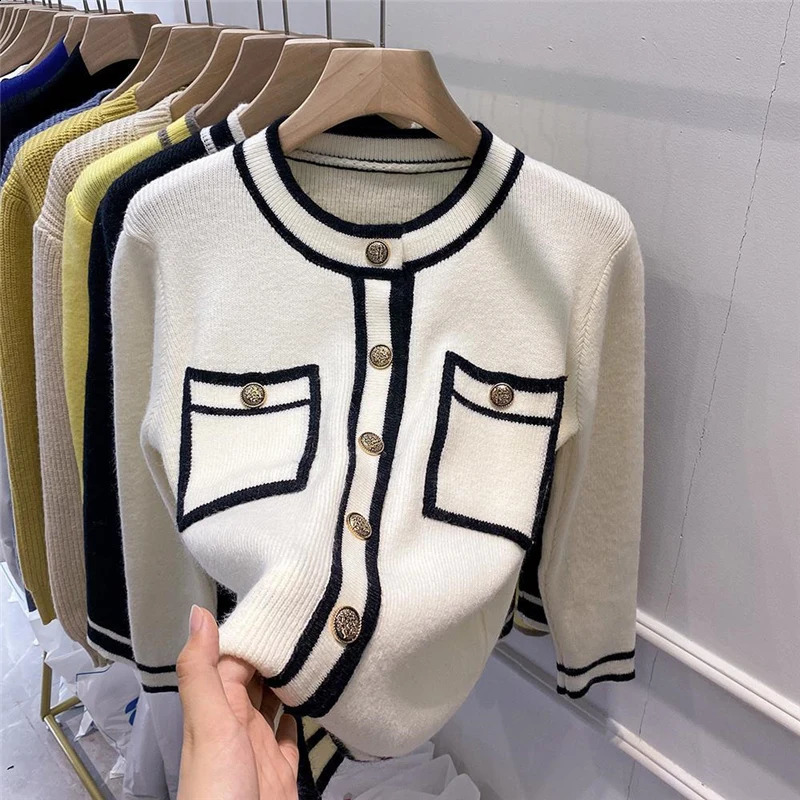 Korean Elegant Chic Contrast Color Long Sleeve Pocket Button Knitted Cardigan for Women Spring Autumn Loose Female Sweater Coats 240813