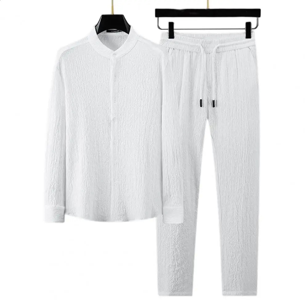 Two Piece Set Autumn Men Top Pants Pleated Solid Color Stand Collar Single Breasted Relaxed Fit Shirt Trousers Streetwear 240813