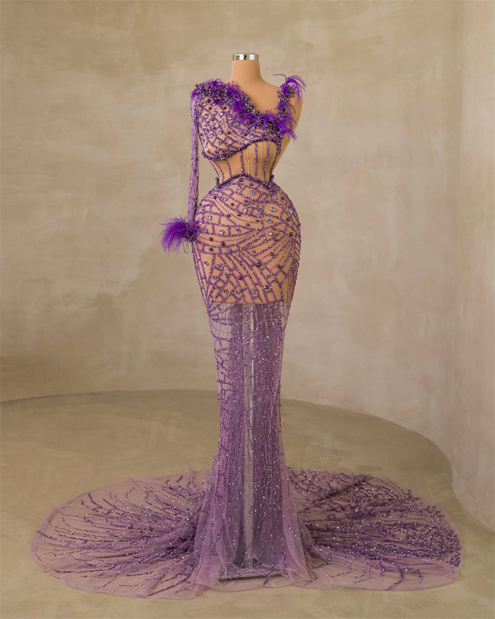 One Shoulder Stones Beaded Party Dress For Women Feathered Illusion No Lining Crystals Evening Gown Formal Occasion Dresses