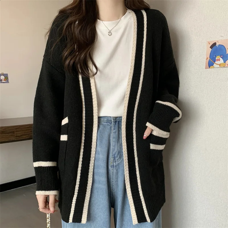 Varsity Cardigan Long Sleeve V-Neck Open-Front Sweaters Knit Jacket for Women Preppy Style 240812