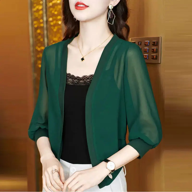 Summer Thin 3/4 Sleeve Coat Women Clothing Simplicity Solid Color Cardigan Ladies All-match Slim Top Tee Office Lady Chiffon 240812