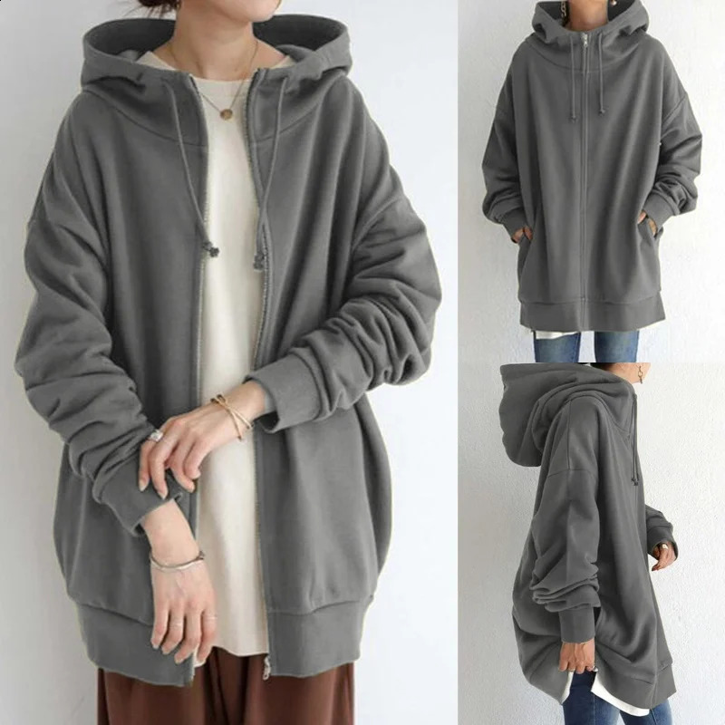 Fashion Zipper Long Sweatshirt Women Autumn Winter Loose Hooded Jackets Harajuku Streetwear Casual Fleece Hoodies Female Jacket 240812