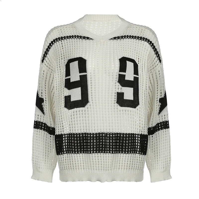 HEYounGIRL Contrast Digit Graphic Women Sweater Hollow Out Stylich Chic See Through Smock Top Harajuku Long Sleeve Pullovers Y2K 240812