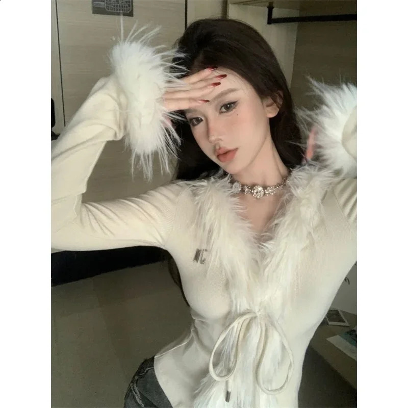 Solid Color Fur Knitted V-neck Tie Cardigan Women Clothes Cropped Fashion Y2k Tops Korean Atmosphere Slim Fit T-shirt 240813