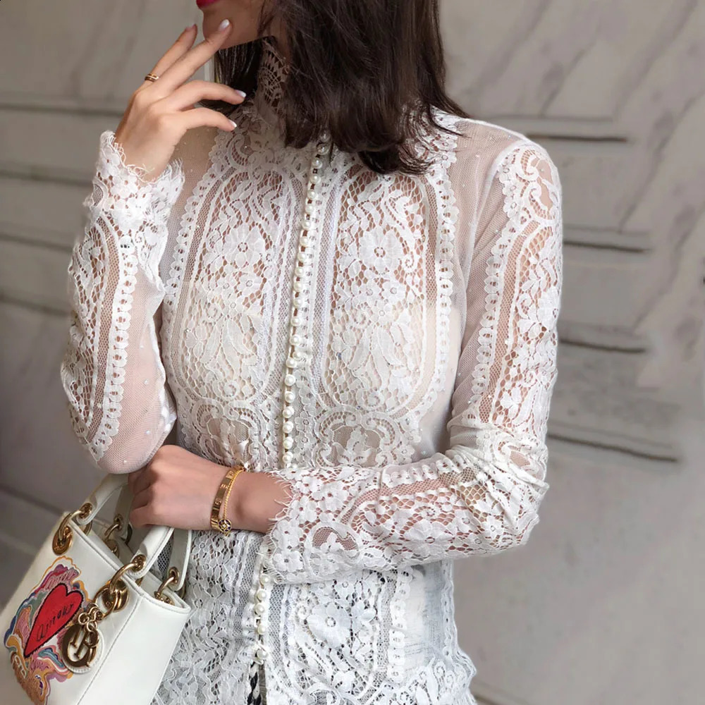 Blusas Mujer De Moda Slim Women Shirt Elegant Pearl Blouse Lady Long Sleeve Turtleneck Lace Shirts Autumn Korean Sexy Hollow Top 240813