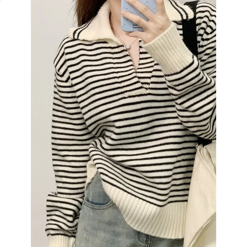 Versatile Striped Top Long Sleeve Knitted Sweater Preppy Style Loose Fit Slimming For Women Arrival Korean Version 240812