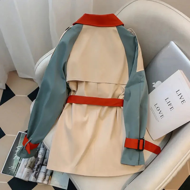 Hikigawa Chic Fashion Women Trench Vintage Elegant Contrast Color Early Spring Loose Versatile Patchwork Tied Jacket Top Mujer 240813