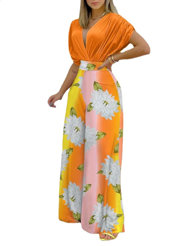 Women Print Suit Pullover Batwing Sleeve V-Neck Top Wide Leg Pants Set Two Piece Set Loose Casual Womens Clothing Summer 240813