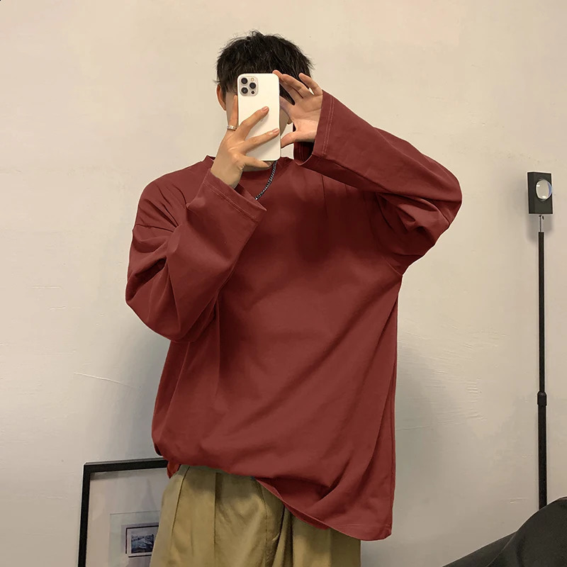 High quality cotton oversized mens basic T-shirt Korean solid color mens casual long sleeved top Harajuku mens T-shirt 5XL 240826