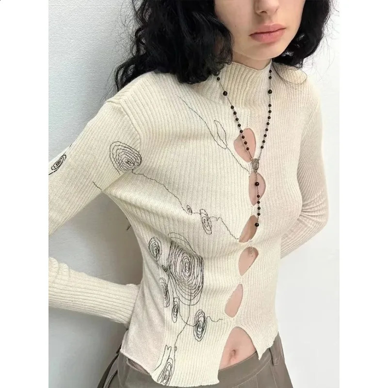 Deeptown Gothic Y2k Womens Kint Sweater Hole Long Sleeve Pullovers Harajuku Coquett Knitwear Spring Slim Jumper Japanese Style 240812