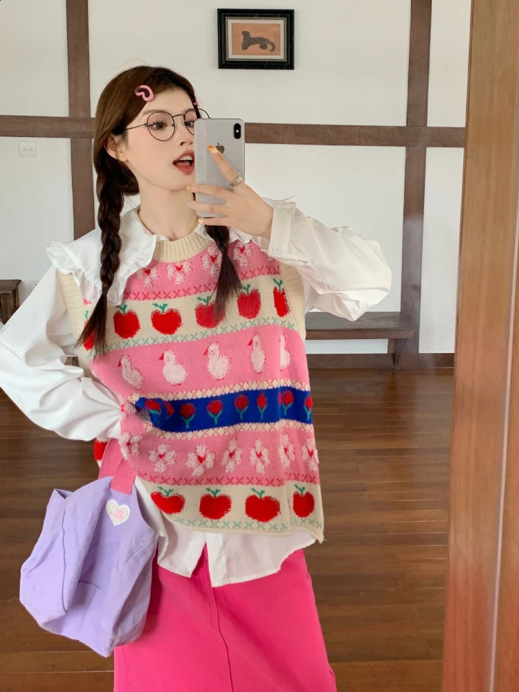Cartoon Knitted Vest Sweater Women Preppy Style Kawaii O-Neck Contrasting Colors Sleeveless Sweaters Y2K Cute Pullovers 240812