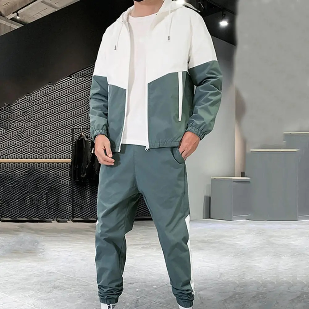 2pcsSet Mens Sets Zipper Hooded Cardigan Coat Long Pants Two-piece Set Men Tracksuits conjuntos masculinos 240813