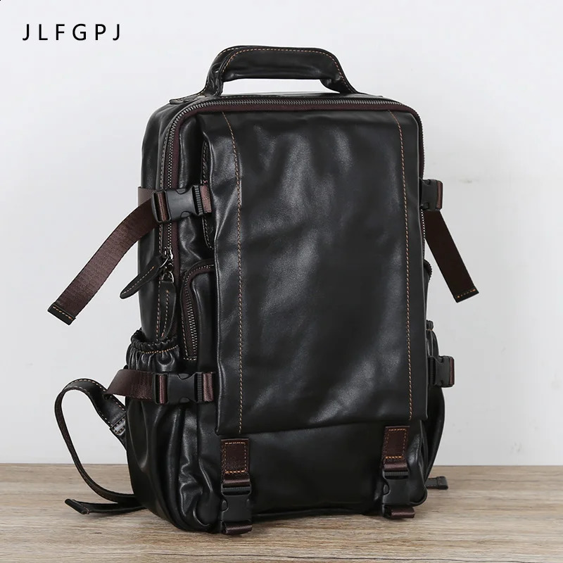 Retro one layer denim mens backpack multifunctional large capacity leather casual travel 240813