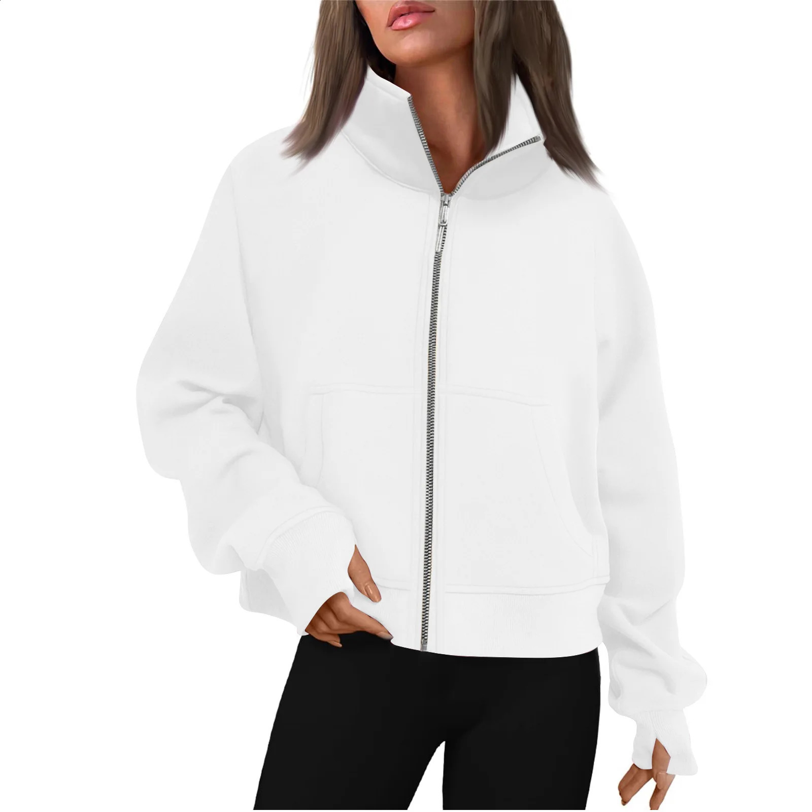 Autumn Winter Fashion Women Cotton Fleece Long Sleeves Thumb Hole Zipper Short Stand-Up Collar Thick Cardigan Sports Hoodie 240812