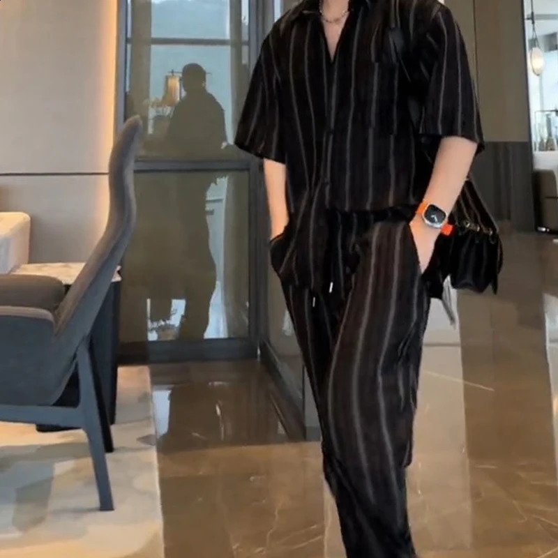 Gmiixder unisex striped shirt set for mens summer loose ironless shirtcasual pants twopiece sports 240812