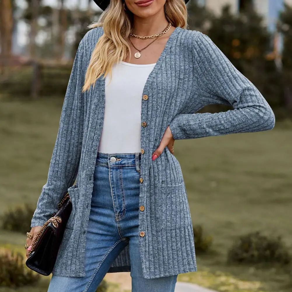Women Cardigan Knitted Single-breasted Long Sleeve Fall Coat Solid Color Elastic Pockets Mid Length Knitwaer Womens Clothing 240813
