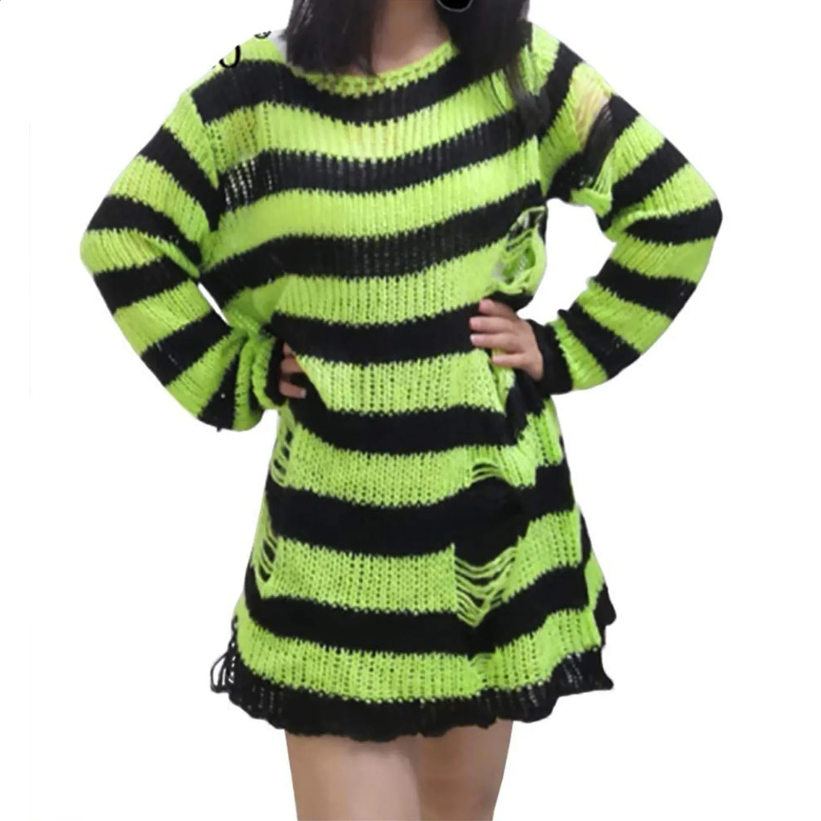 Punk Gothic Long Unisex Sweater Women Striped Cool Hollow Out Hole Pullover Broken Jumper Loose Rock Thin Streetwear Top 240812