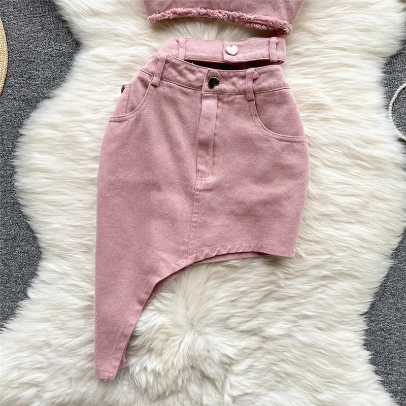 Amolapha Womens Summer Sexy 2-piece Sets Sleeveless Strapless Denim TopsHigh Waist Irregularity Jeans Skirts Suits 240812