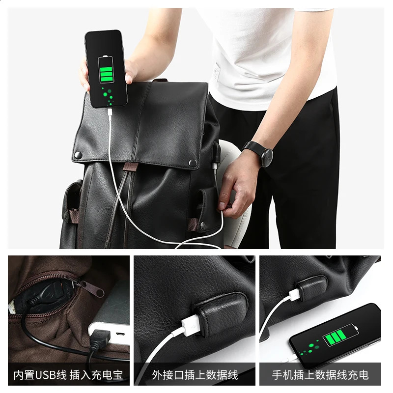 Leather Mens Backpack for College School Style Waterproof Comes with USB 156inch Large Capacity Leisure Day Bag Mochila 240813