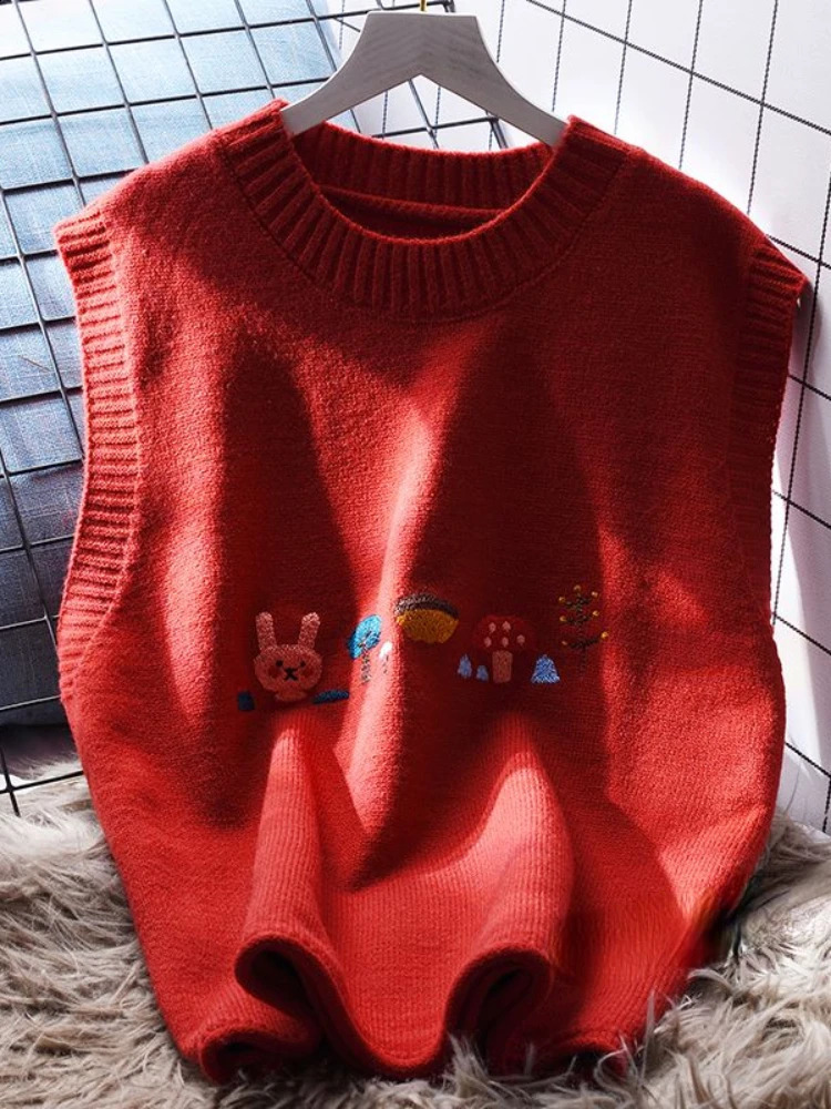 Korean Fashion Sweater Vest Sleeveless Cartoon Jacquard Casual Loose All Match Jumpers Preppy Style Cute Womens Clothing 240812