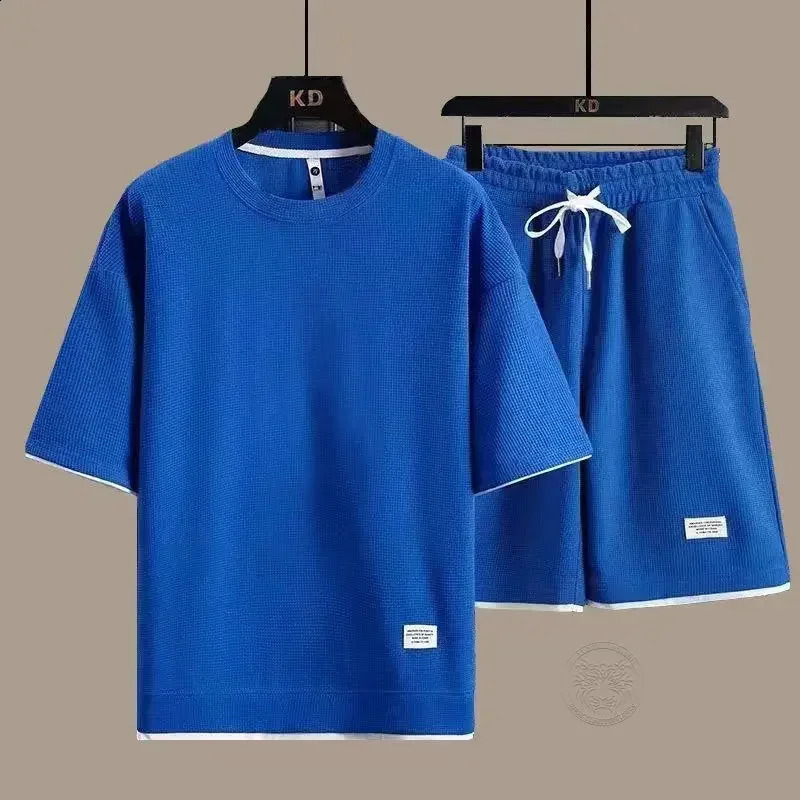 Mens Breathable Waffle Suit Short-sleeved T-shirt Shorts Summer Loose Youth Trend Casual Sportswear Two-piece Set S-4XL 240813