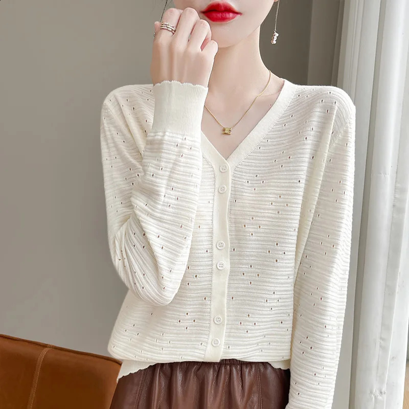 autumn Vneck wool sweater hollow womens loose top casual knitted 240812