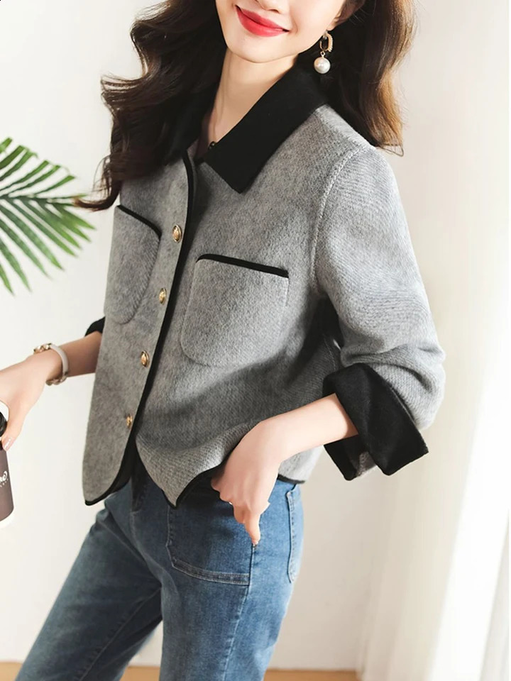 Zoki Elegant Grey Tweed Jacket Women Fashion Buttons Fall Casual Short Coat Korean Office Lady Turn Down Collar Patchwork Tops 240812