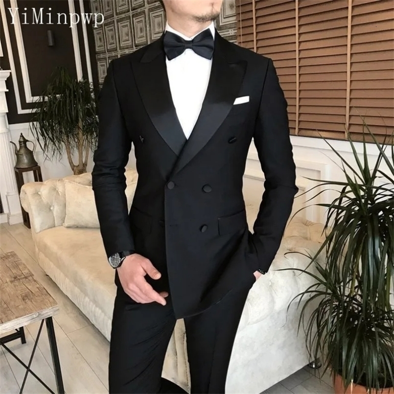Black Wedding Suits for Men Bespoke Lapel Double Breasted Blazer Groom Tuxedos Costume Mariage Homme 2 Pieces JacketPants 240812
