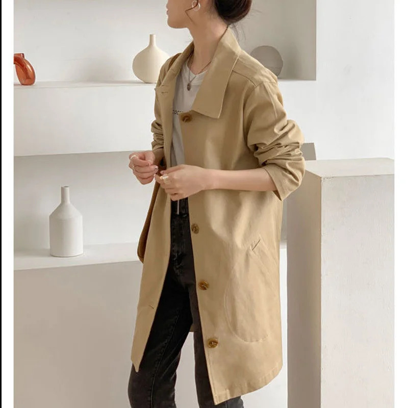 Fashion Lapel Button Spliced Pockets Casual Coats Female Clothing Autumn Loose All-match Tops Solid Color Korean Trench 240813