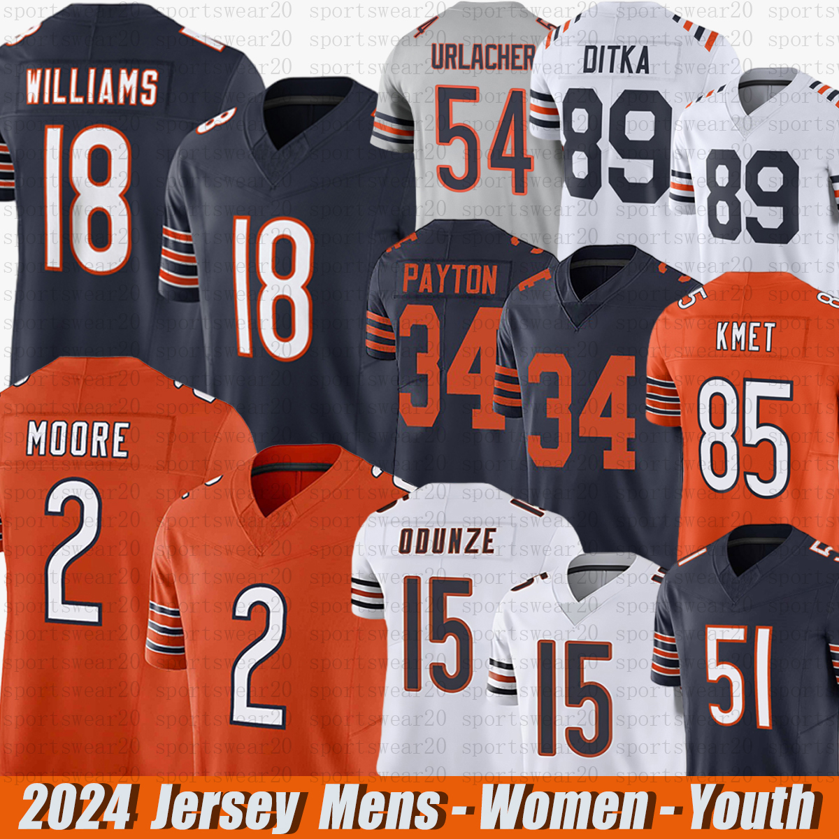 Chicagocity Bearss jerseys #18 Caleb Williams #2 DJ Moore Rome Odunze Cole Kmet D'Andre Swift Montez Sweat Brian Urlacher Brian Urlacher Football jerseys