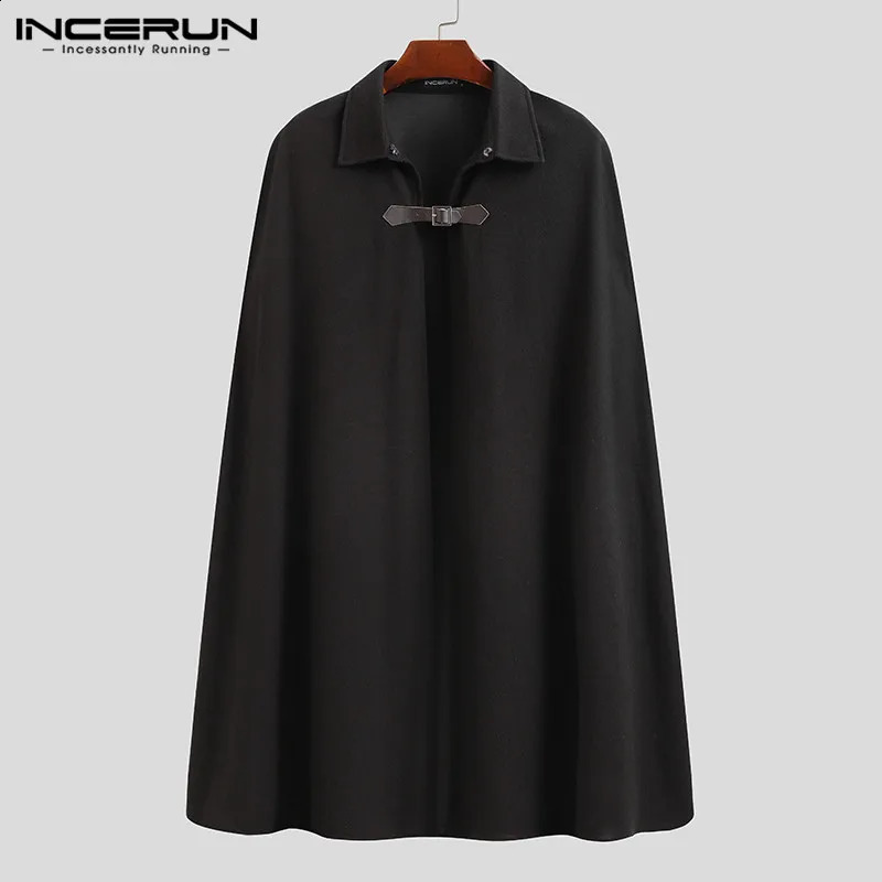 INCERUN Mens Cloak Coat Solid Color Single Button Collar Cape Town Street Wear Winter Artificial Blended Jacket 240812