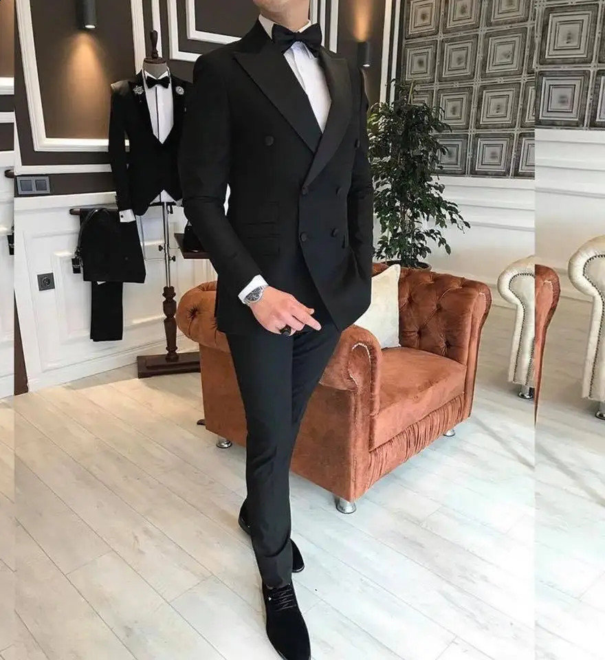 Black Wedding Suits for Men Bespoke Lapel Double Breasted Blazer Groom Tuxedos Costume Mariage Homme 2 Pieces JacketPants 240812