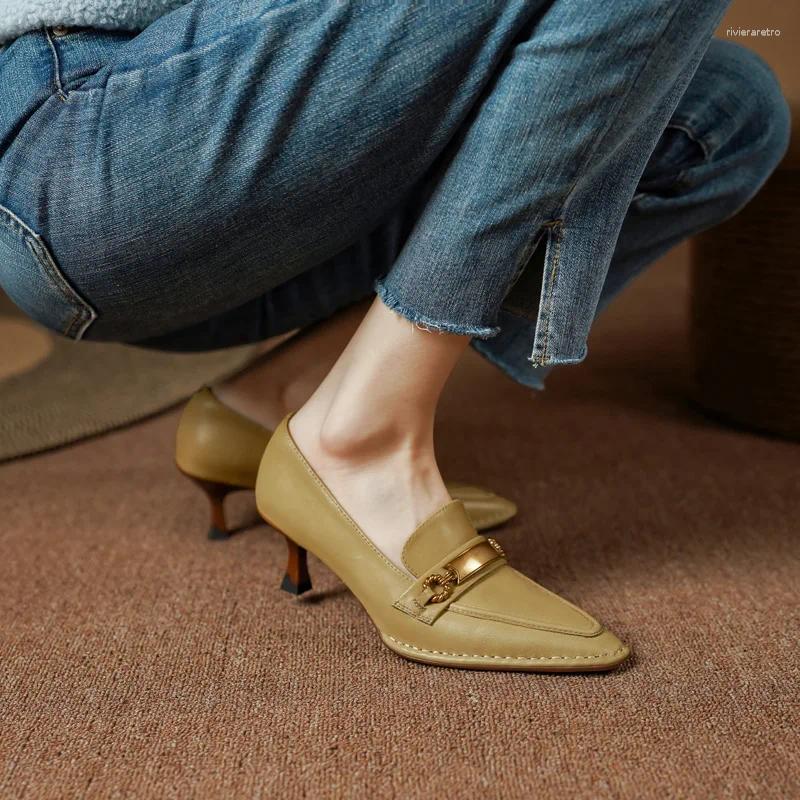 Dress Shoes Genuine Leather Retro Women 6cm High Heels SmallHut Spring Black Brown Green Square Toe Pumps Metal Decoration Lady Party